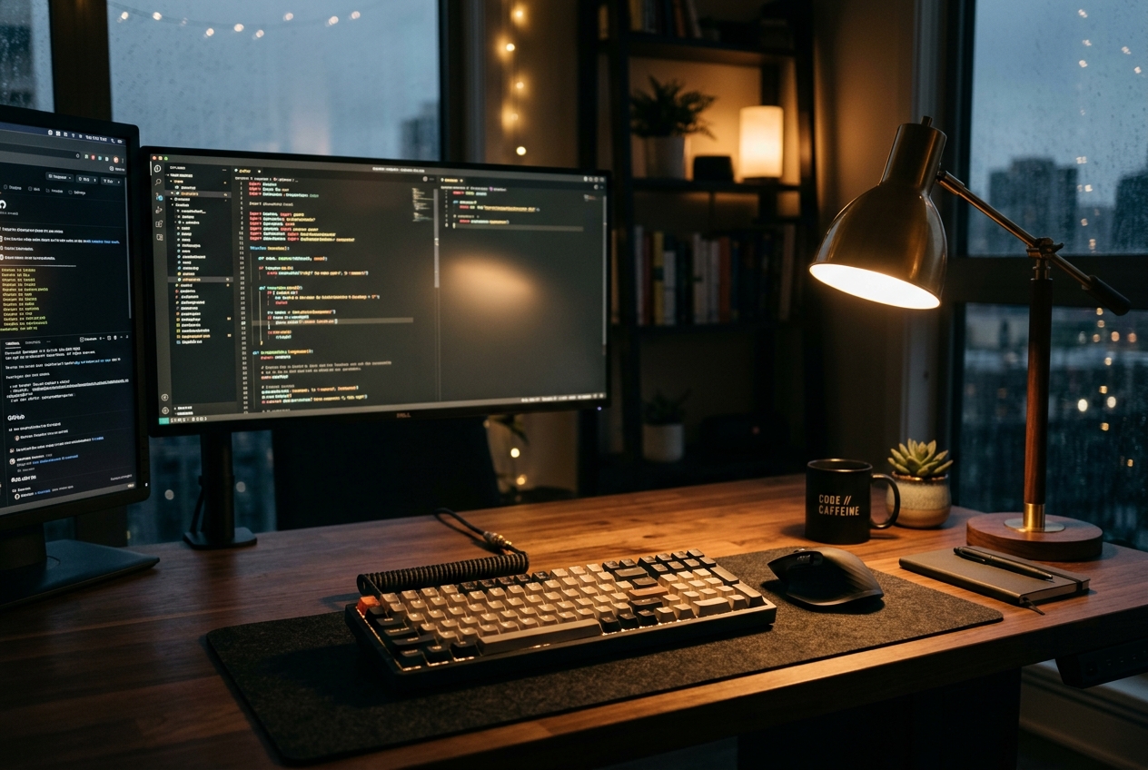 Sean working at desk at night